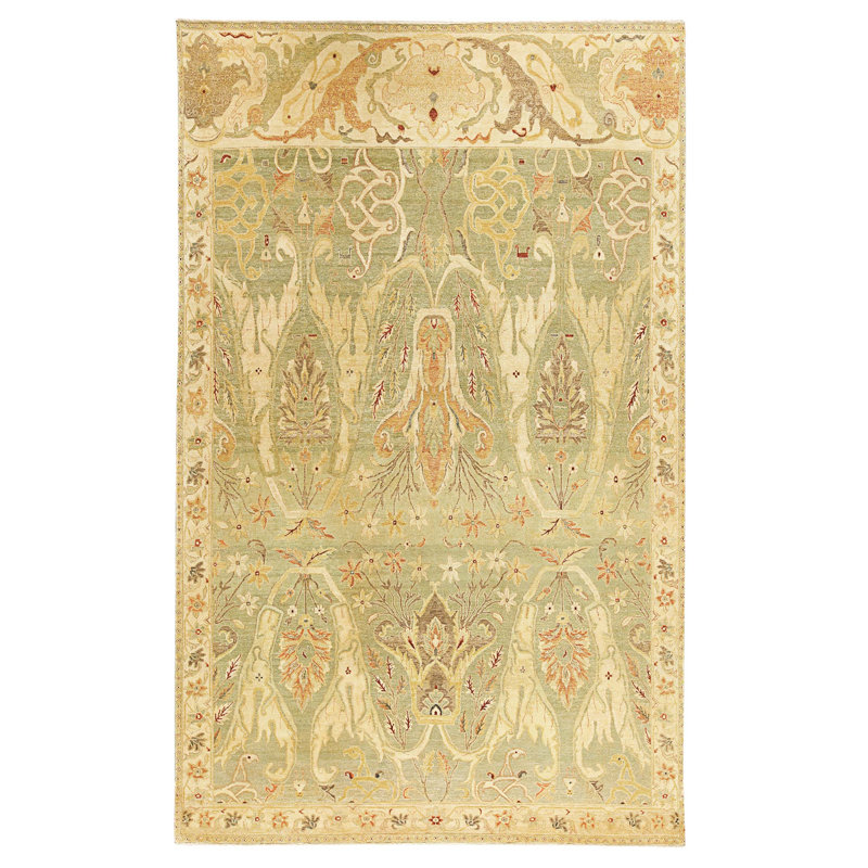 Tapis vert et ivoire noué à la main de haute qualité
