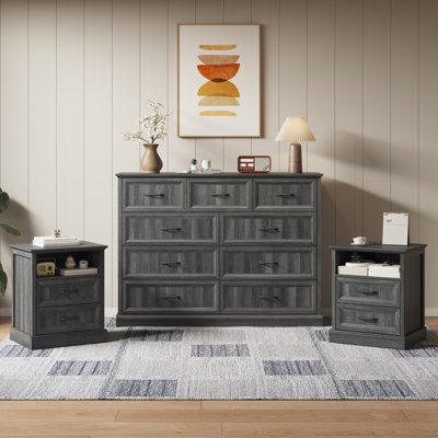 Ensemble de chambre à coucher 3 pièces, commode 9 tiroirs et 2 tables de chevet avec tiroirs