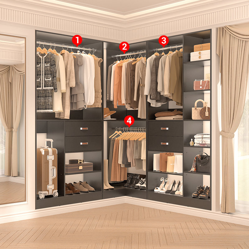 71'' - 110'' W Closet System with Wooden Drawers and Hanging Rods, Black