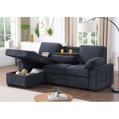 Canapé-lit modulaire réversible avec méridienne de rangement, table rabattable, porte-gobelets et ports de chargement pour des espaces de vie confortables et fonctionnels