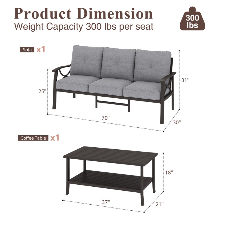 177.8cm Wide Straight Metal Sofa with Cushions, Gray Cushion/Coffee Frame