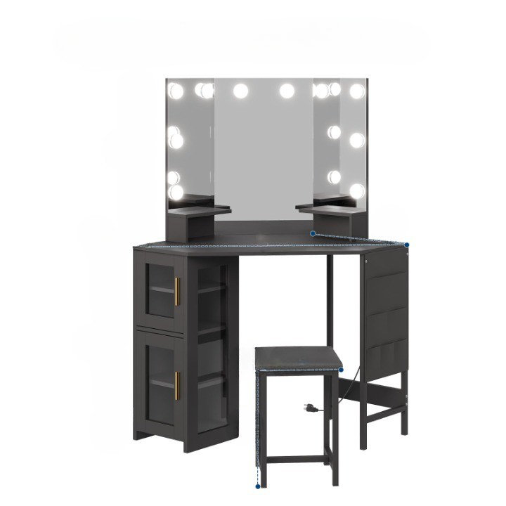 Meuble-lavabo de coin avec miroir éclairé par une ampoule et 3 ports USB pour studio de maquillage, Black