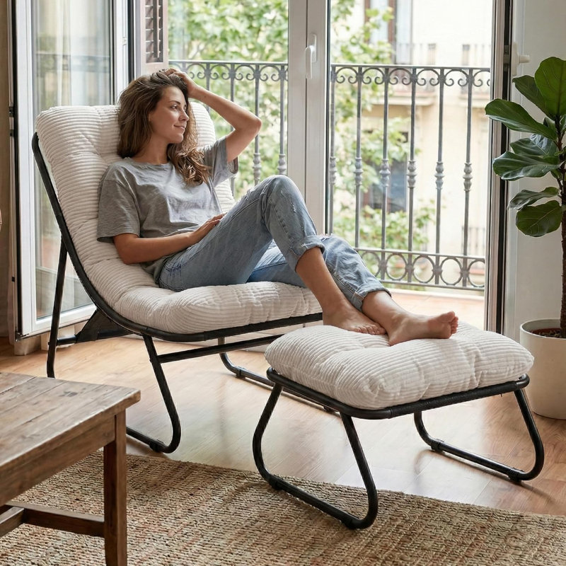 Chaise longue d'extérieur avec repose-pieds et coussins, Velours côtelé blanc