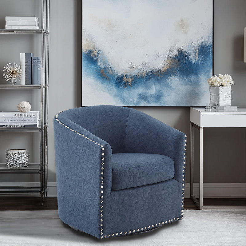 Tyler 360° Swivel Barrel Chair with Nailhead Trim, Blue Polyester