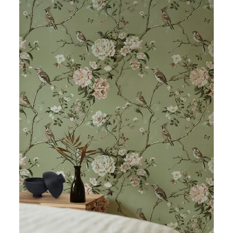 Rouleau de papier peint floral vert pâle et adhésif Bryelle