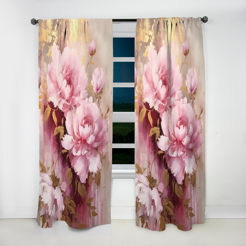 Pink And Gold Peonies In Radiance - Traditional Velvet Curtain - Room Darkening - 1 panel, 52" W x 108" L