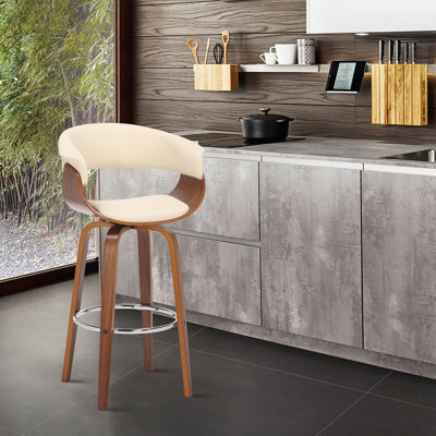 Chagnon Swivel Counter or Bar Height Bar Stool with Arms and Open Back in Faux Leather, Wood