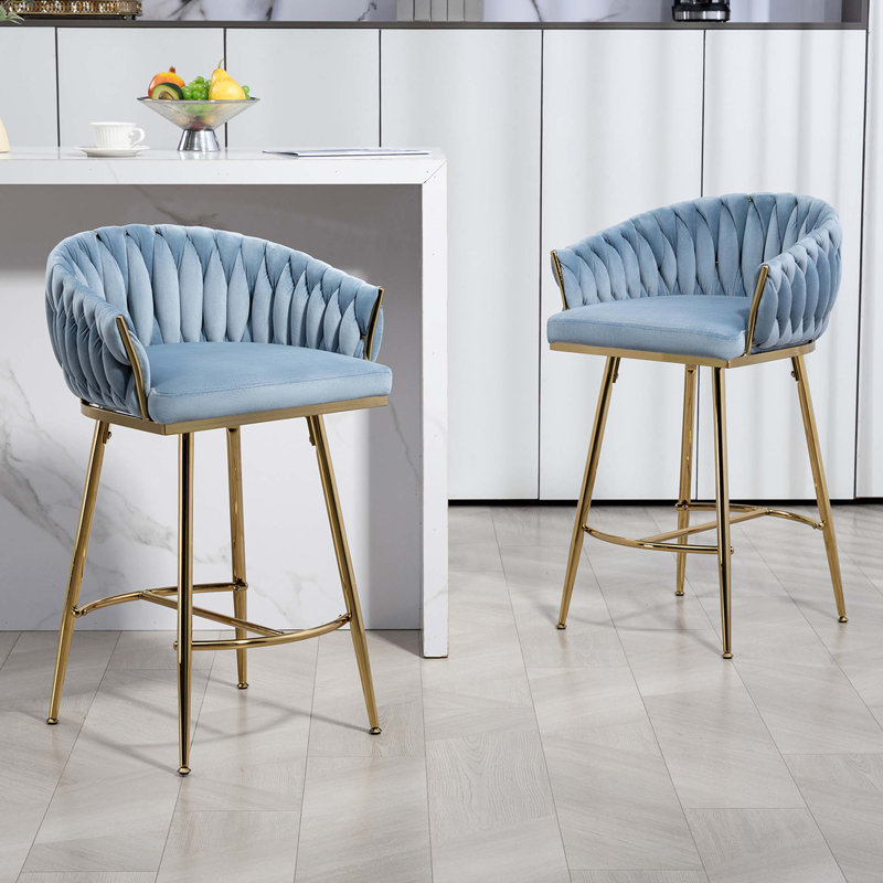 Ensemble de 2 tabourets de bar à hauteur de comptoir avec dossier ondulé à la main, base chromée et repose-pieds