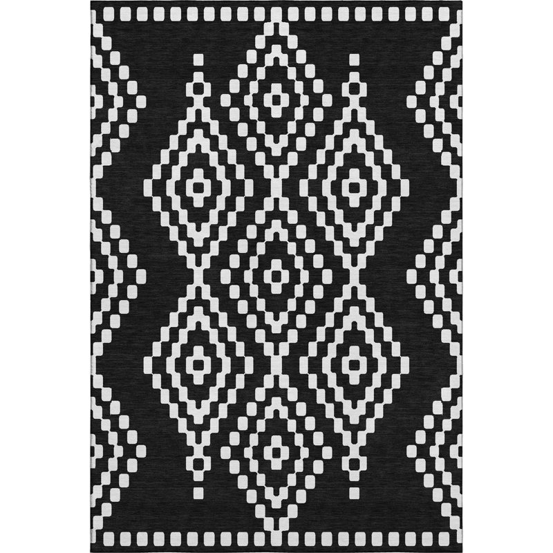 Premium Machine Washable Prisco Black Rug, Rectangle 5' x 7'6"