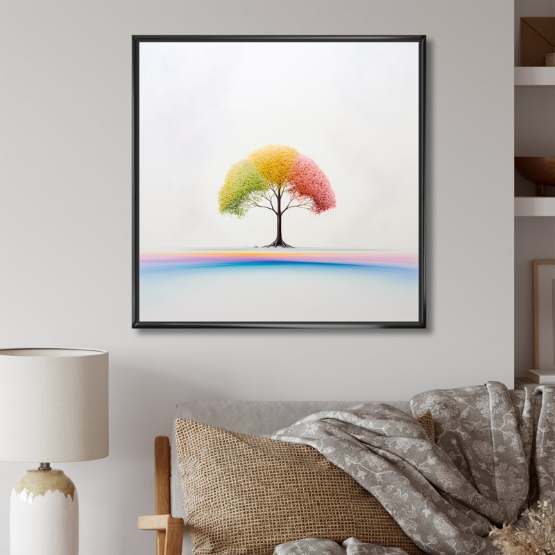 " Minimalism Rainbows Respite Tree ", 16" H x 16" W x 1" D, Black Floater Framed