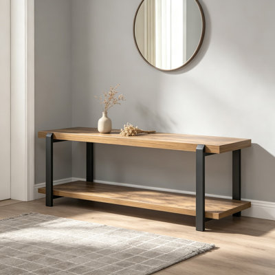 Banc de hall d'entrée industriel avec rangement pour chaussures, grain de bois brun rustique et cadre en métal noir pour le salon, la chambre à coucher et le couloir