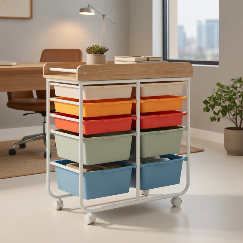  Chariot de rangement roulant à 10 tiroirs avec plateau en bois, roulettes verrouillables et tiroirs doubles, organisateur de bureau naturel + blanc pour la maison, la salle de classe et le studio, Macaron