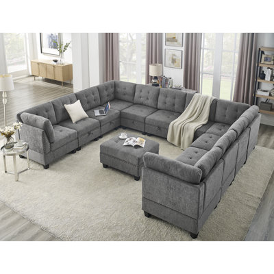 142" Chenille Square Arm Modular Sofa