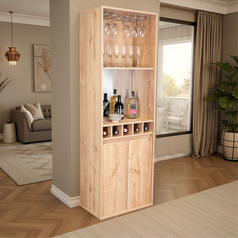 Dallas  Bar Cabinet with Wine Bottle Storage, Stemware Rack, and Display Shelves – Natural Oak, Light Oak