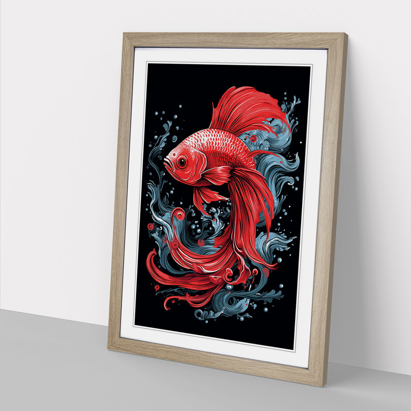Siamese Fighting Fish Line - Framed Print, 34cm H x 25cm W x 2cm D, Oak 
