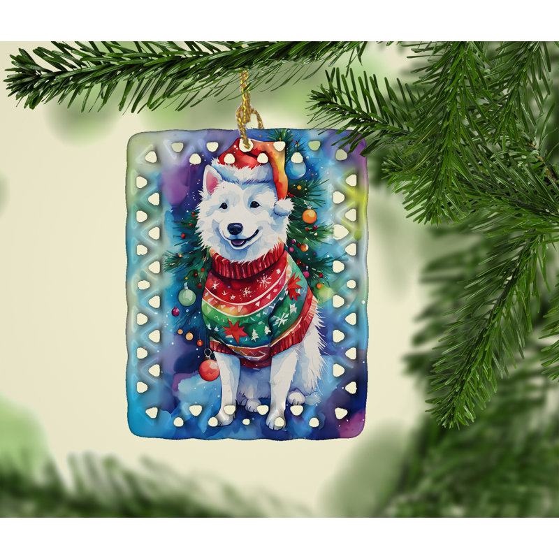Ornement en porcelaine de Noël American Eskimo, Esquimau américain 3332