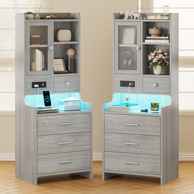49.3" Tall Nightstand with Charging Station and LED Lights,Bedside Table with Drawers & Storage Shelves,Glass Door,LED Nightstand With Storage