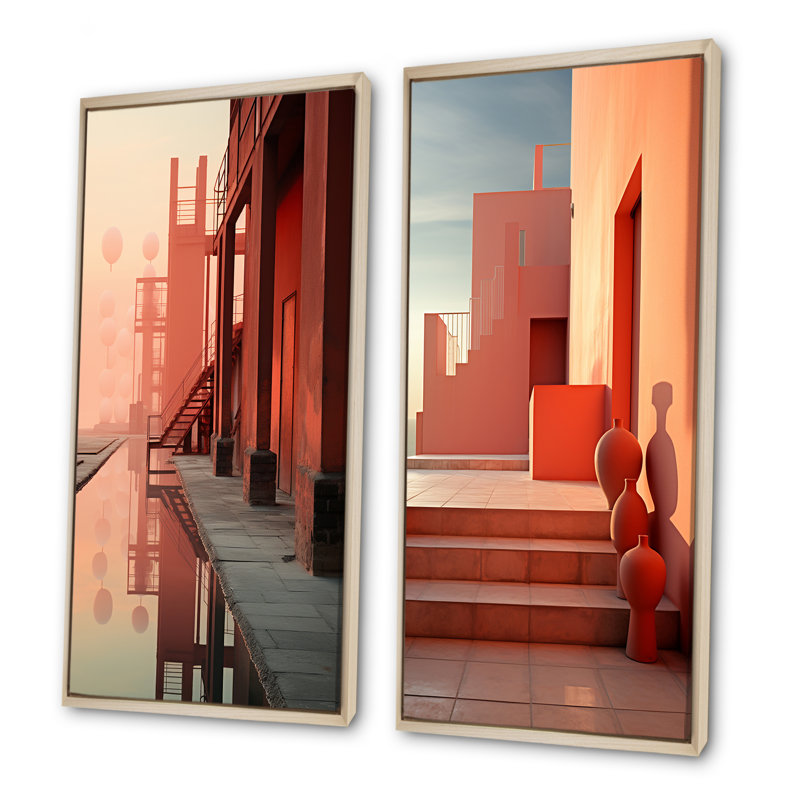Minimal Industrail Peach Projection - ensemble d'art mural sur toile House, H 32 po x l 33 po, Encadrement brun