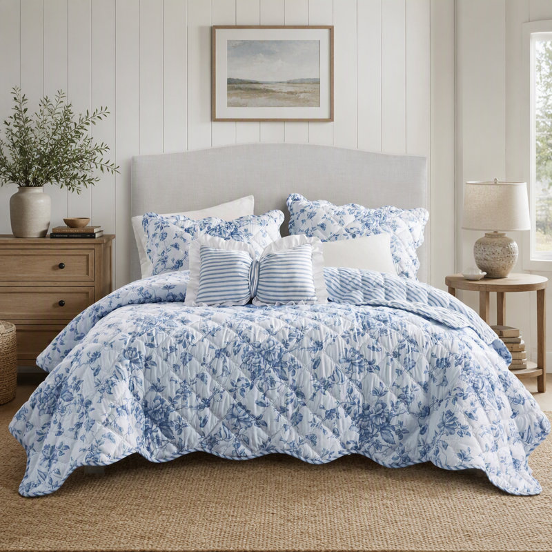 Ensemble de courtepointe réversible à motif floral 4 pièces pour lit double/queen avec coussin décoratif 229 x 229 cm, Bleu