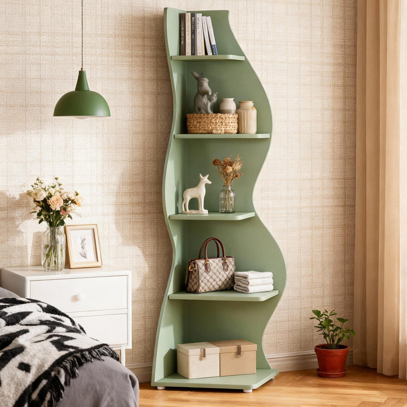 69.8" Industrial Bookcase with Metal Frame, Green, 1