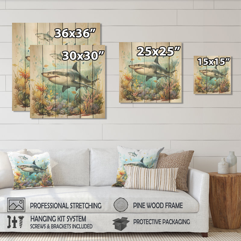 Curious Shark Ocean Blooms III - Shark On Wood Print, 15" H x 15" W
