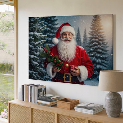 Canvas A Jolly Figure Dressed In A Classic Red Santa Suit Wall Art With White Fur Trim Standing Amidst A Snowy Forest Scene Bringing Canvas Wall Art