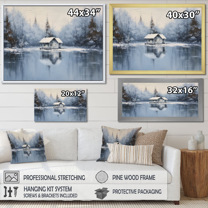 Cozy Snow Cabin III sur toile, Cadre simple blanc, H 16 po x l 32 po x P 1 po