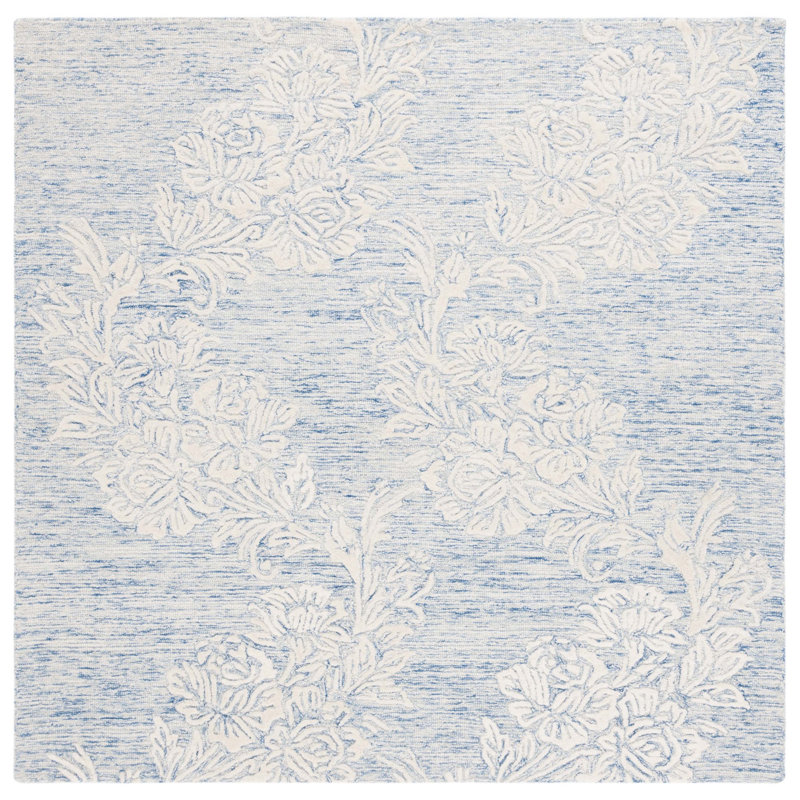 Tapis floral ivoire / bleu en laine / coton touffeté à la main Batholomew, Carré 6 pi
