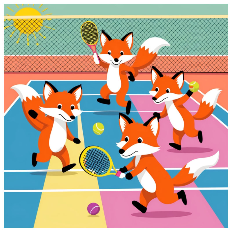 Renards jouant aux couvertures de tennis, L 60 po x H 80 po