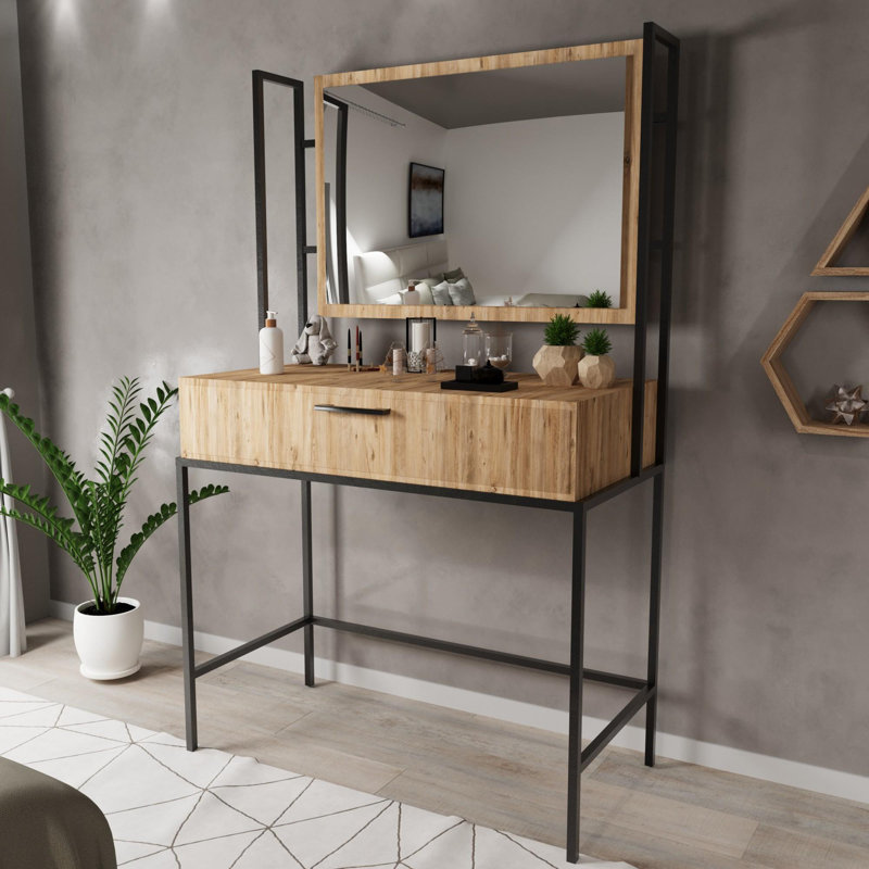 Aliona Dressing Table with Mirror, Pine/Black