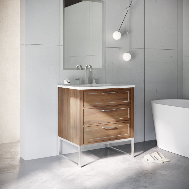 Markham 30'' W Single Vanity, Carrara Marble, Brushed Nickel, Walnut