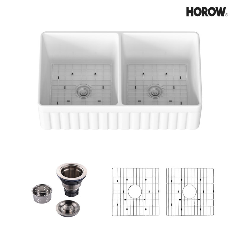 Matte Black Double Basin Fireclay Farmhouse Sink with Drainboard