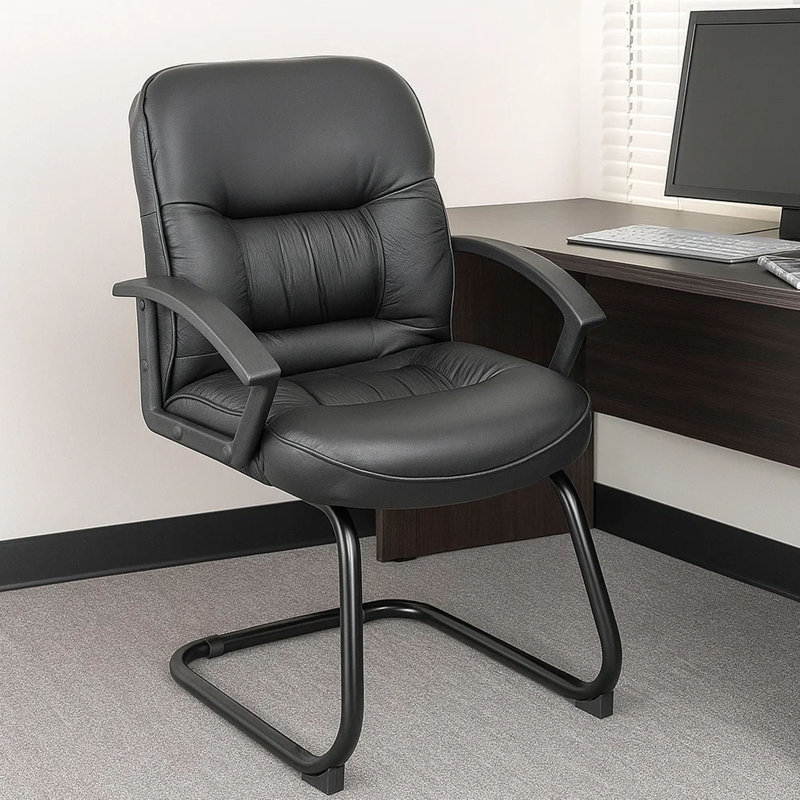 Chaise d'invité Mala à dossier moyen, similicuir noir, soutien lombaire
