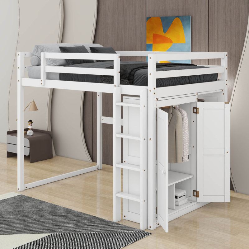 Lit mezzanine double en bois avec garde-robe, tablettes et lumière DEL, Blanc