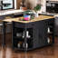 Îlot de cuisine de 47 po avec table de salle à manger extensible, table de cuisine en placage de bois d'hévéa avec support de rangement interne, prise de courant, îlot de cuisine avec rangement 2 tiroirs et 2 armoires, noir-1419268114