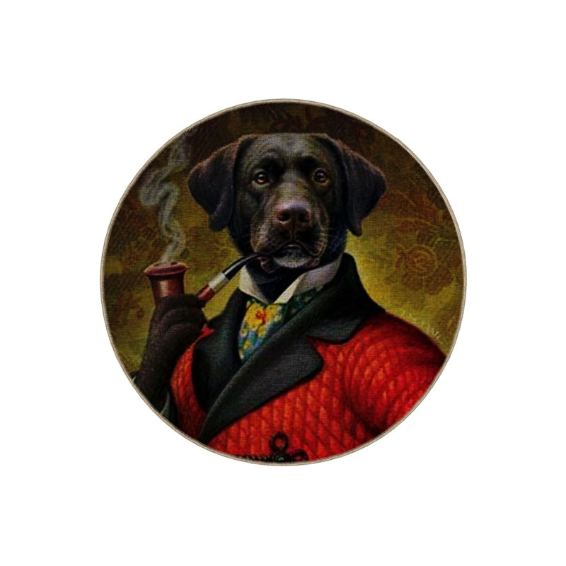 Surrealist Theme Suited Dog Patterned Round Woven Base Modern Decorative Carpet, Round 5'