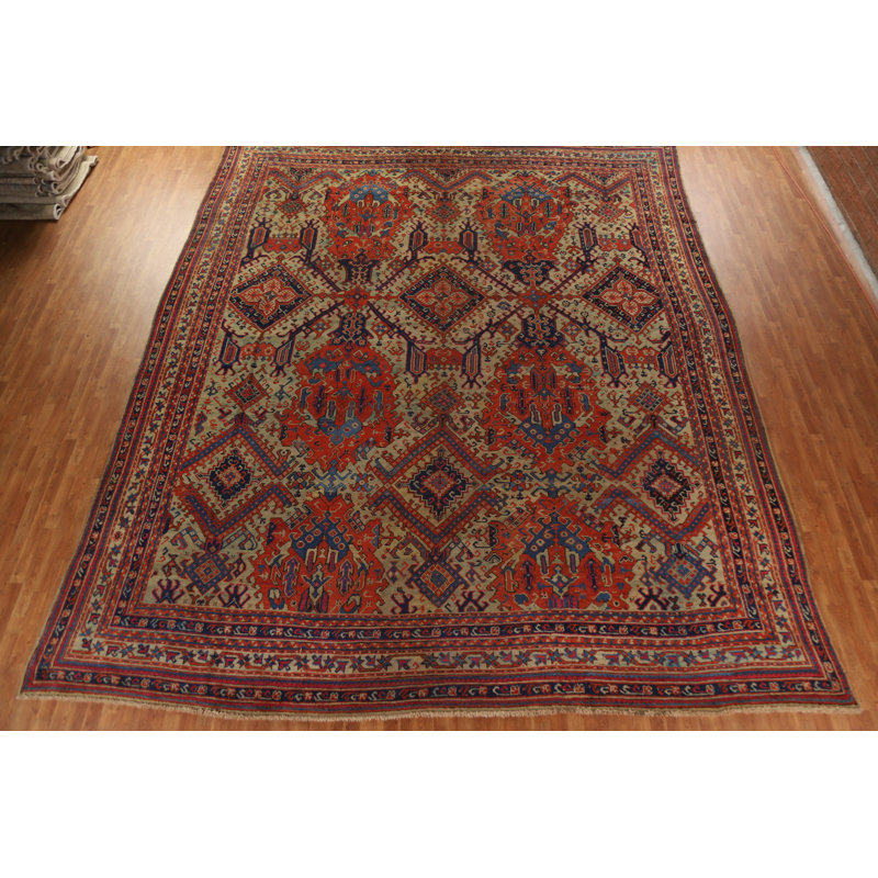 Tapis beige en laine noué à la main de conception unique avant 1900 14 pi 0 po x 16 pi 10 po