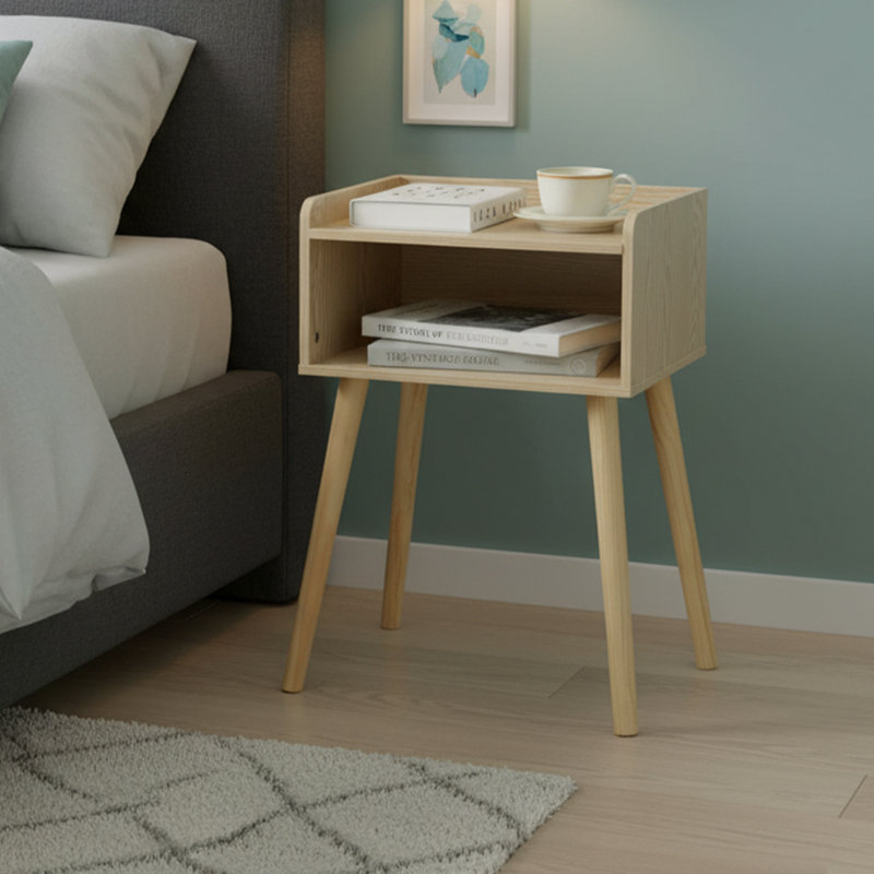 Table de chevet de style Mid-Century 15,75 po - Pieds en bois massif, finition naturelle - Rangement pour petits espaces