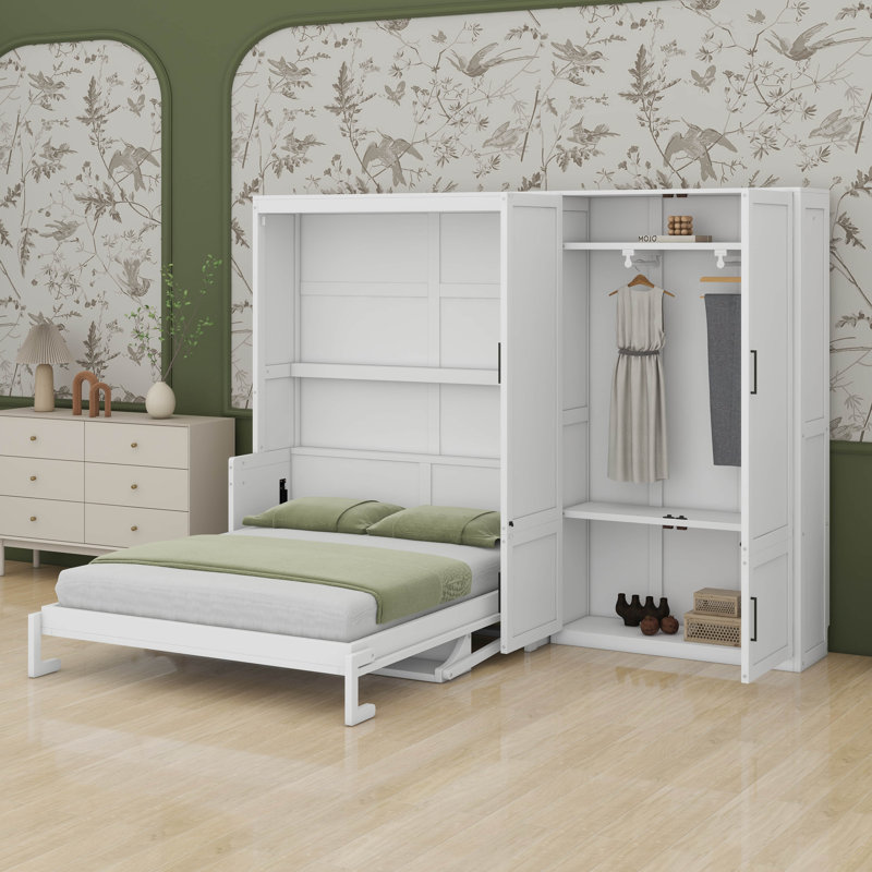 Grand lit escamotable avec garde-robe et garde-robe, Blanc