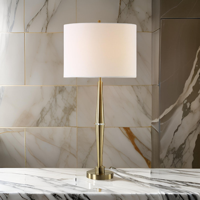 Lampe de table Modern Modern, abat-jour tambour en lin blanc, base fuselée en métal doré