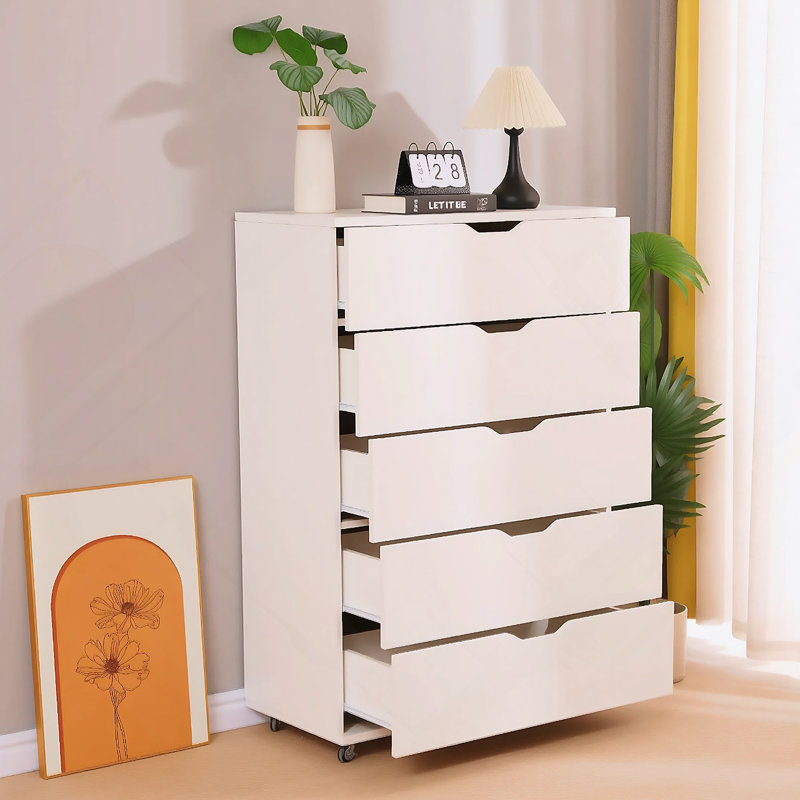 Commode à 5 tiroirs avec roulettes, Blanc