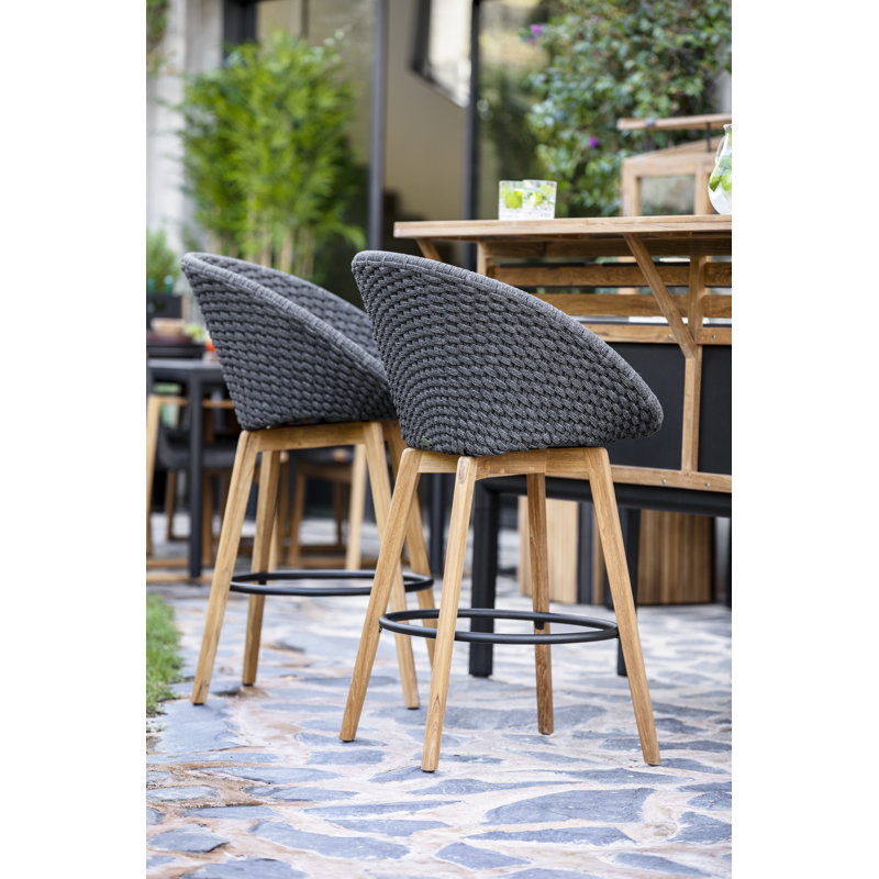 Peacock 29.2" Teak Patio Bar Stool with Cushion, Dark Blue