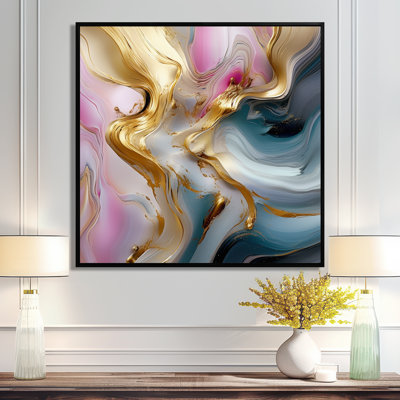 Abstract Waves Pink Blue Gold - Abstract Modern Waves Wall Art Decor
