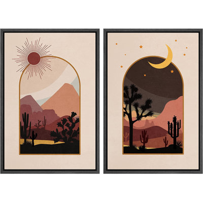 " Sun and Moon Desert Landscape Murals Nature Wilderness Illustrations " 2 Piece Art Graphic Art Print