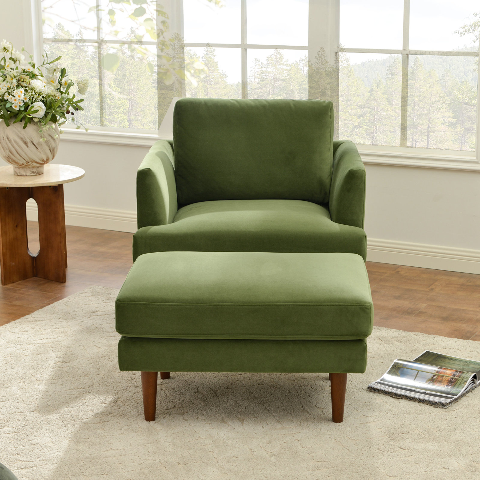 Miller 35'' W Upholstered Armchair With Ottoman, Olive Green Velvet