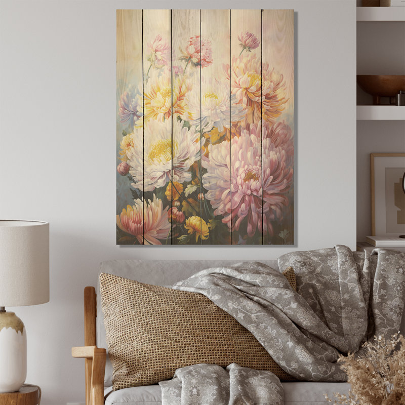 «Chrysanthemums Hill», art mural en bois sur bois de pin naturel, H 32 po x l 24 po