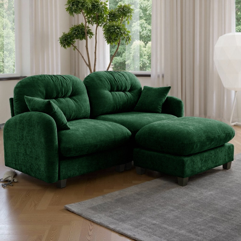 Canapé modulaire en L avec repose-pieds Chenille, Chenille verte