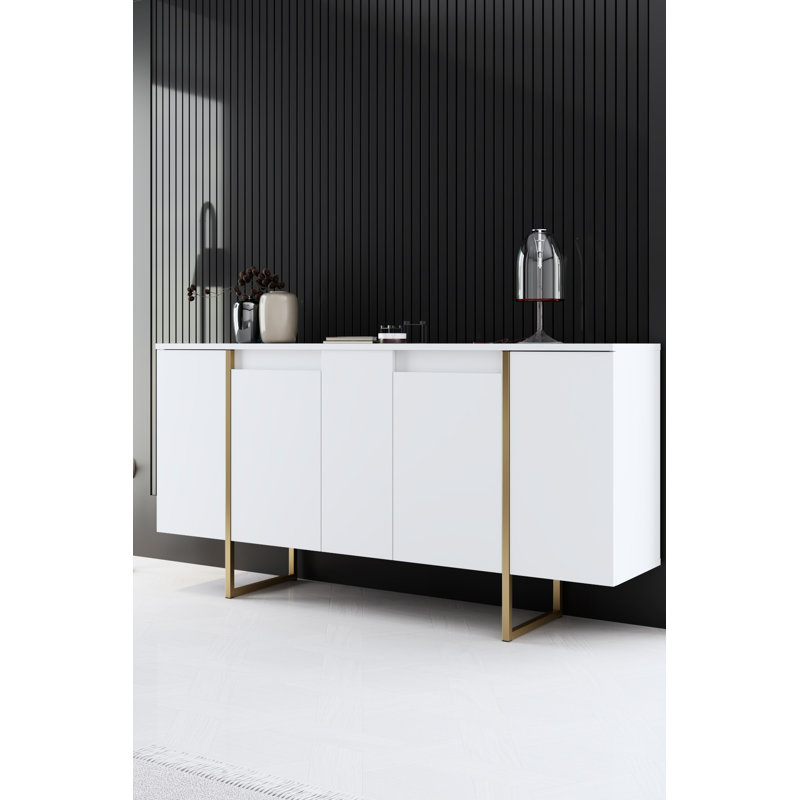 Modern Console Table with Metal Legs, White & Gold, 63.0 x 13.8 x 31.5 inches | 100% Melamine Coated Particle Board, Thickness: 0.7 inches | Sleek Design for Entryway, Living Room & Office, Stylish & Durable