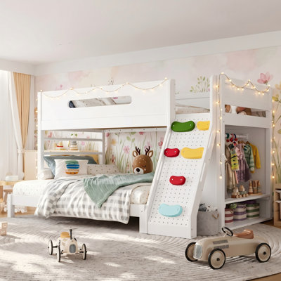 Lit superposé en bois massif avec garde-robe intégré et mur d'escalade, lit multifonctionnel pour enfants