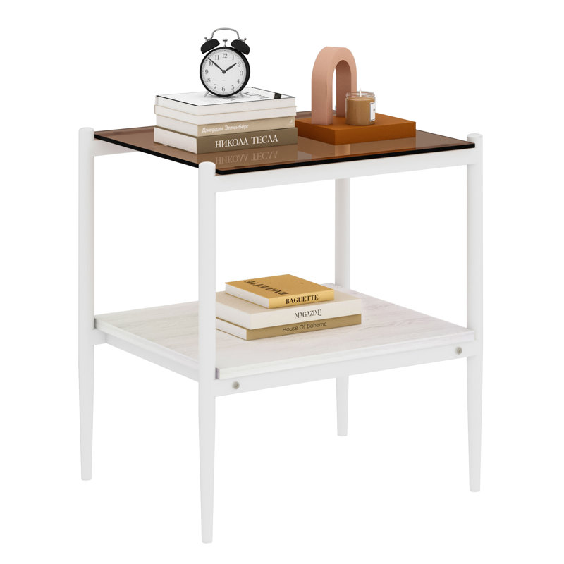 2-piece Modern End Tables Rectangle Side Table with Tempered Glass Top & MDF Storage Shelf, Living Room Accent Tables, Brown